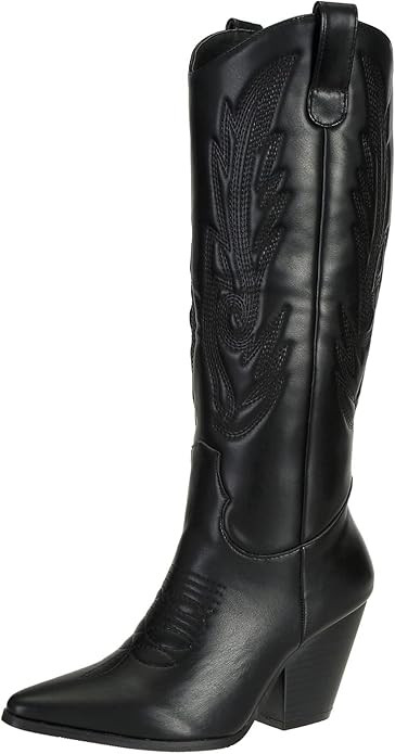 Amazon.com | Women's Western Cowgirl Cowboy Boots Knee High Chunky Heel Riding Boots Black US 9 |... | Amazon (US)