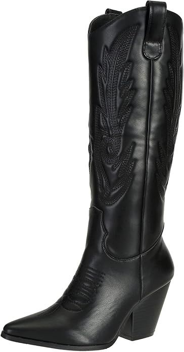 Women's Cowgirl Cowboy Boots Knee High Chunky Heel Western Fashion Wedding Shoes | Amazon (US)