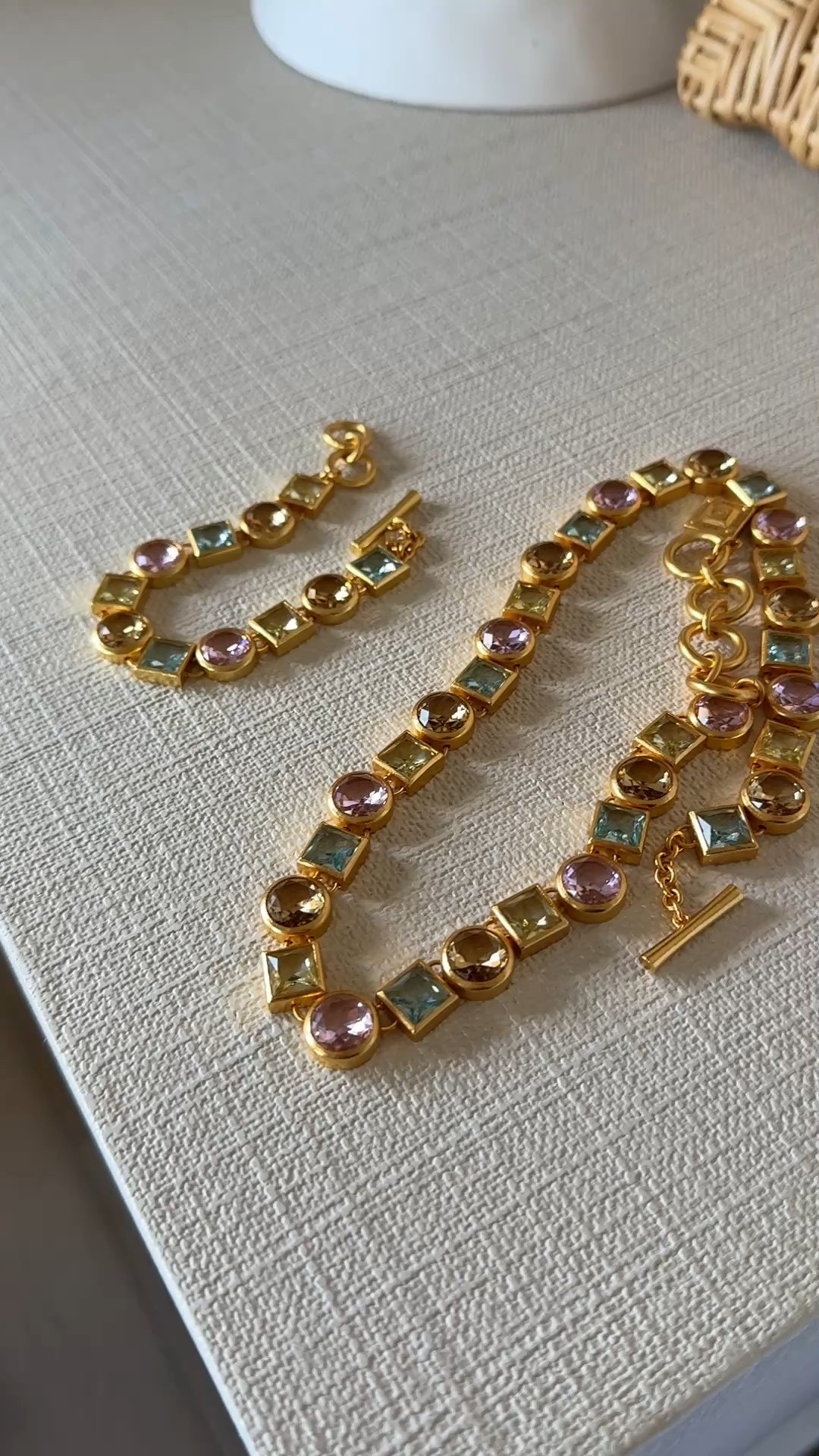 Beautiful necklace and bracelet - multi color looks good with everything.
