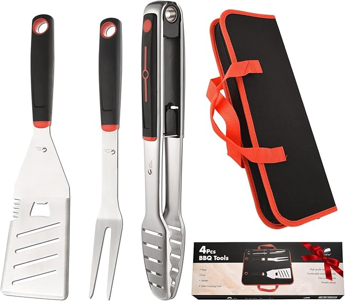 BBQ Tools Set, 4 PCS Heavy Duty Stainless Steel Spatula, Fork, Tongs with Portable Bag, Essential... | Amazon (US)