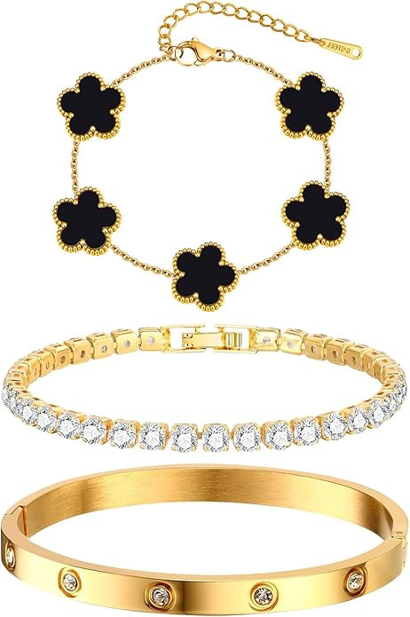 Womens Stackable Floral Gold Bracelets - 3Pcs 18K Gold Plated Bracelet,Stainless Steel Bangle Bra... | Amazon (US)