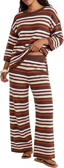Tankaneo Womens Striped 2 Piece Sets Oversized Sweater and Wide Leg Pants | Amazon (US)