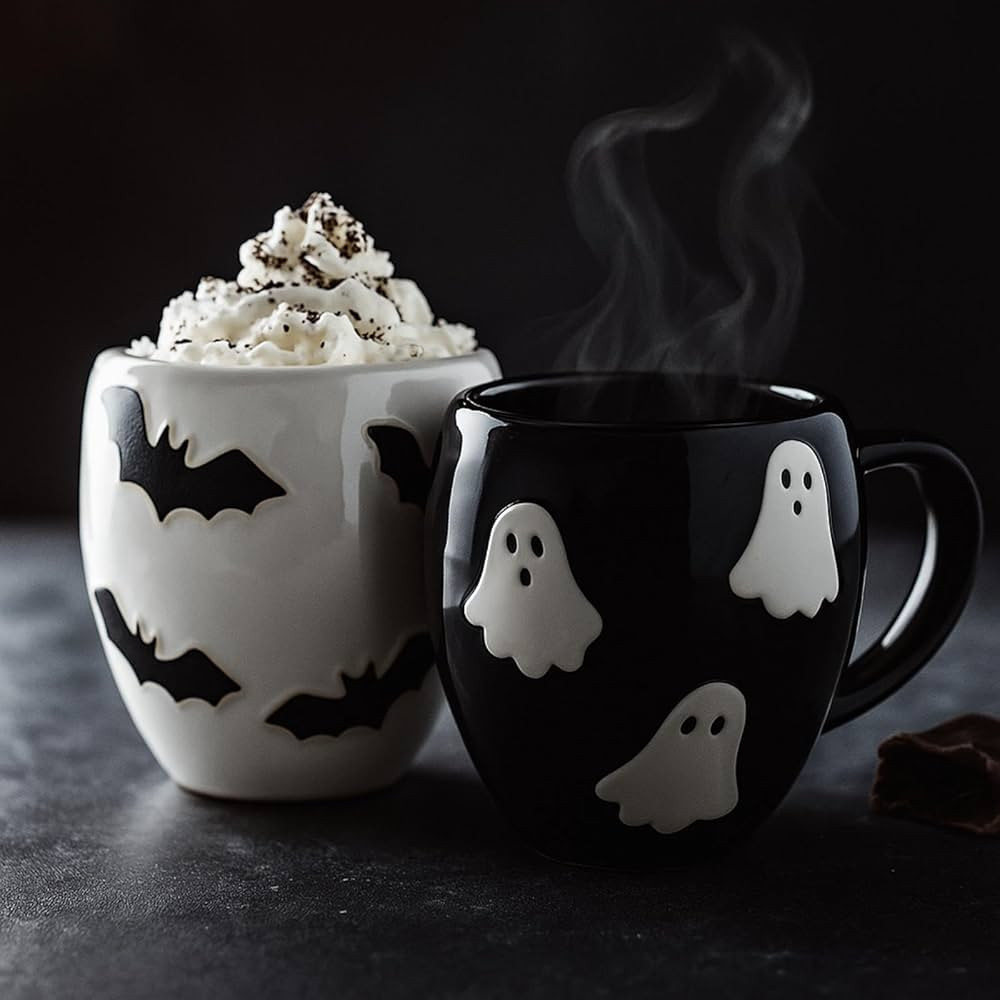 2 Pack Halloween Coffee Mug 14 oz Ceramic Ghost Bat Mug Black White Ghost Bat Drinking Cups Cute ... | Amazon (US)