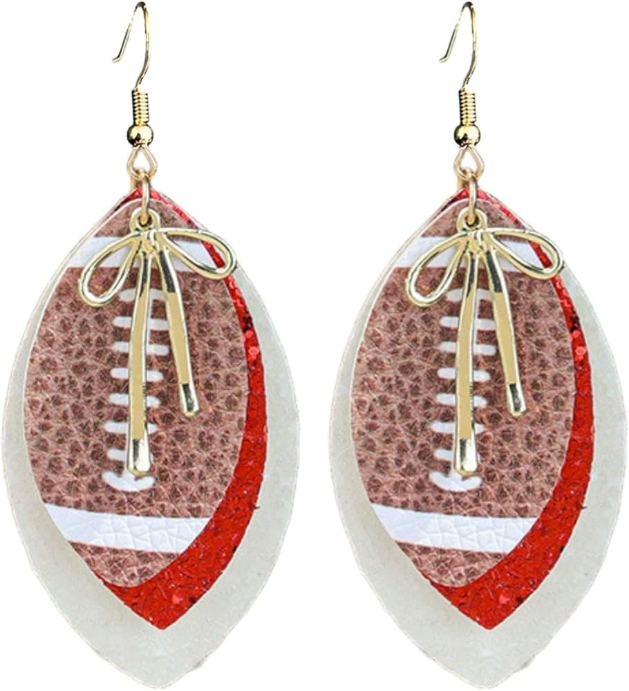 Sports Football Layered PU Leather Glitter Bowknot Drop Dangle Earrings Game Day Cheer Earrings f... | Amazon (US)
