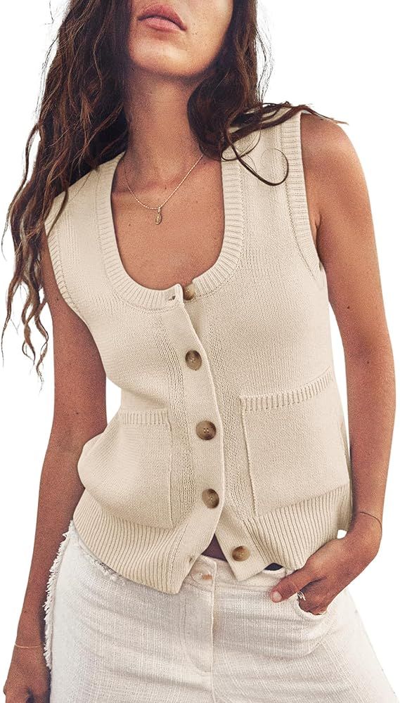 Yousify Womens Sweater Vest Summer Ribbed Tank Tops Sleeveless Button Down Shirts Scoop Neck Top ... | Amazon (US)