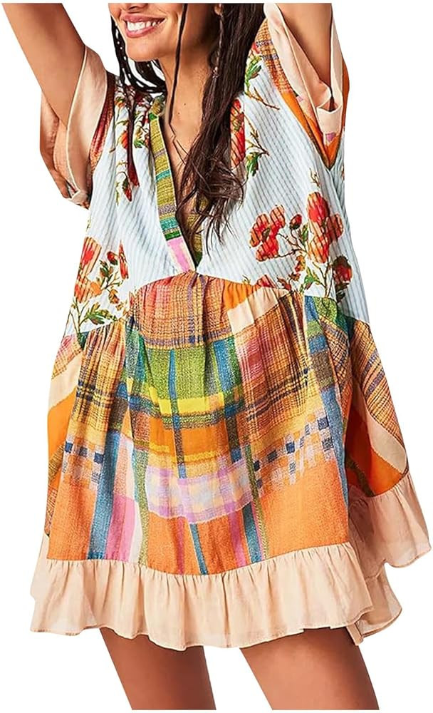 Boho Summer Dress Casual Patchwork Floral Deep V Neck Ruffle Oversized Babydoll Sundress Y2k Hot ... | Amazon (US)