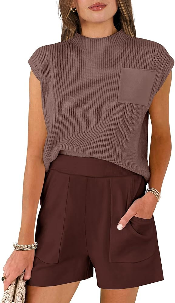 Caracilia Women's Two Piece Outfits Sweater Sets Knit Pullover Tops and Shorts Tracksuit Lounge S... | Amazon (US)