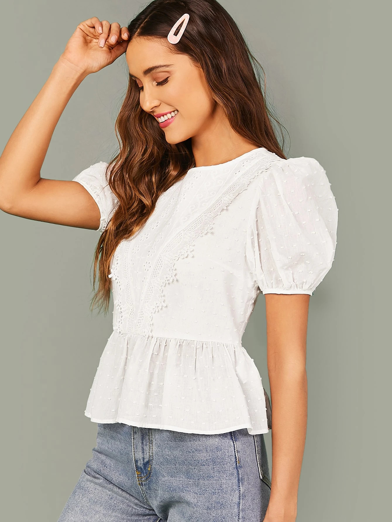 SHEIN Keyhole Back Puff Sleeve Schiffy Detail Peplum Top | SHEIN