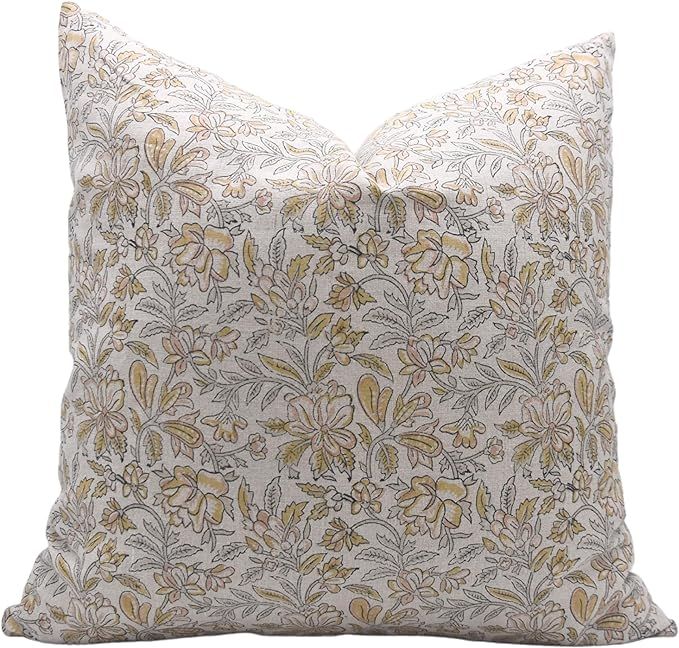Fabritual Block Print Pure Linen 18x18 Throw Pillow Covers, Decorative Handmade Vintage Pillow Co... | Amazon (US)