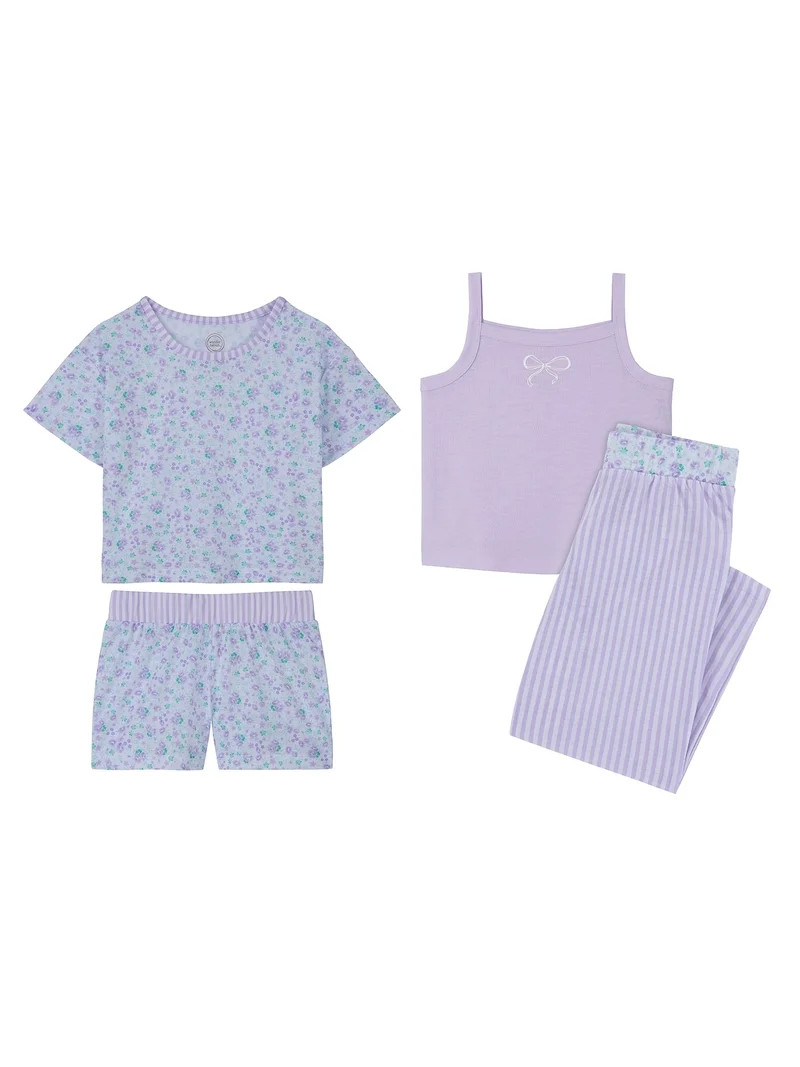 Wonder Nation Girls Tank, Short Sleeve Top, Sleep Shorts and Sleep Pant Pajama Set, 4-Piece, Size... | Walmart (US)