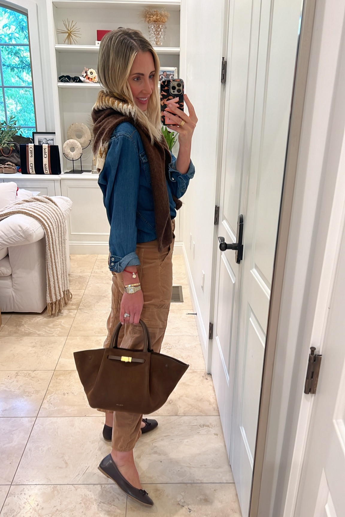 Fall outfit. Size down one size in the pants. The bow flats are my absolute favorites and they run true to size. 
Tan corduroy, chambray shirt, fair isle sweater, and shades of brown accessories. 
