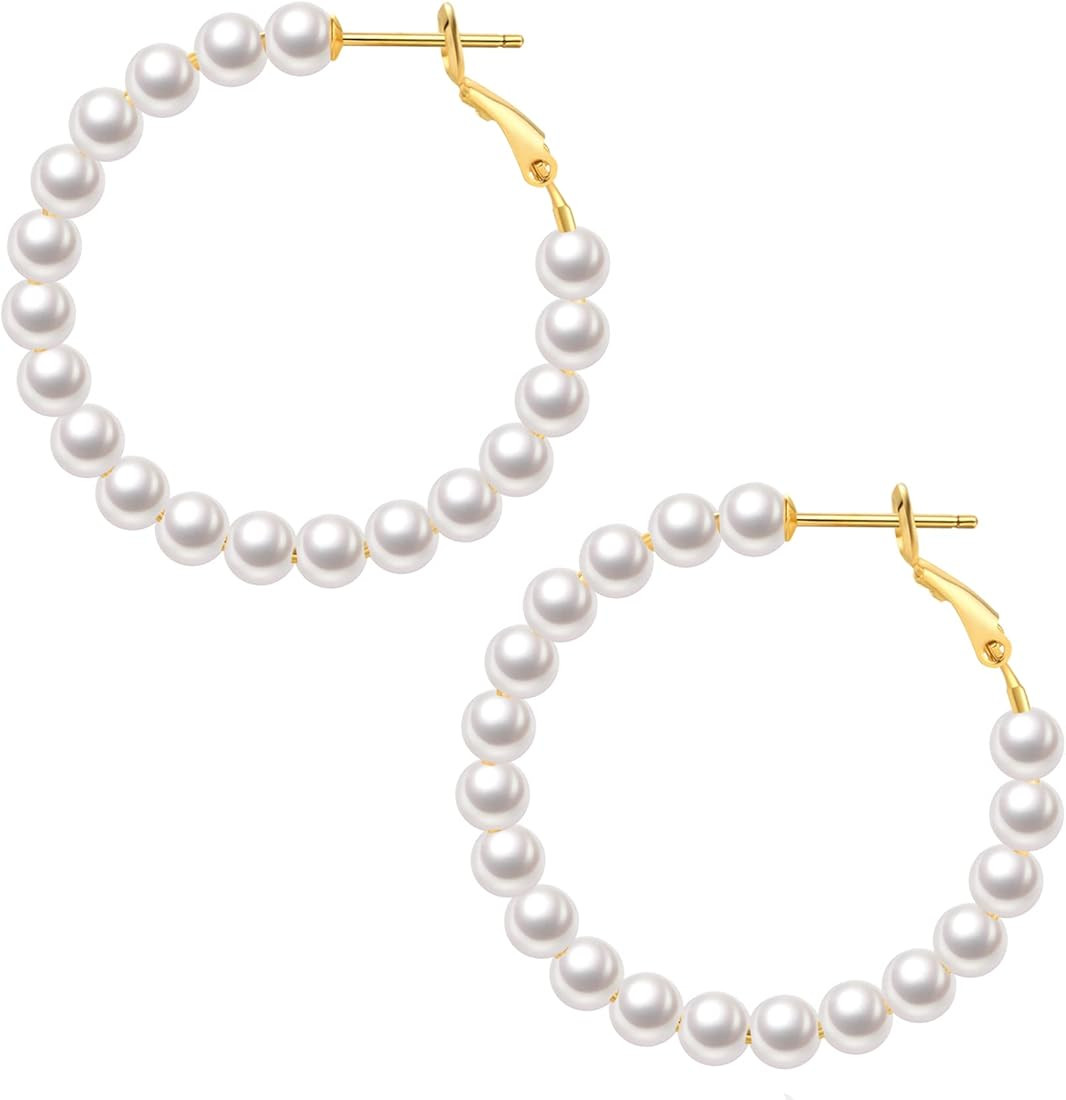 PRETOLE Pearl Hoop Earrings for Women Sterling Silver Post Pearl Bead Hoop Earrings Lightweight H... | Amazon (US)