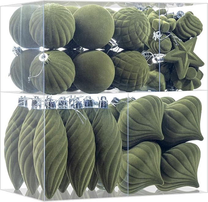 48Pcs Green Velvet Christmas Ornaments Set, Assorted Flocked Christmas Baubles Decorations, Shatt... | Amazon (US)