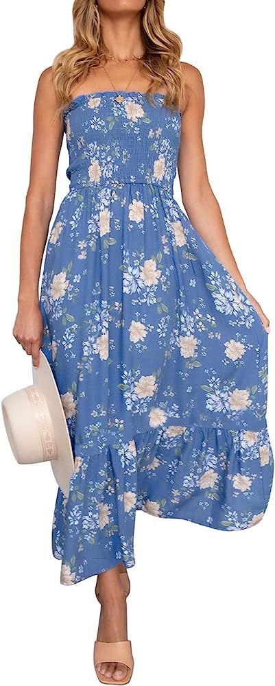 ZESICA Women's Summer Bohemian Floral Printed Strapless Beach Party Long Maxi Dress | Amazon (US)