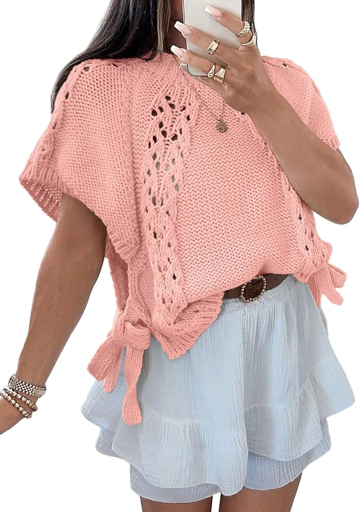 Saodimallsu Womens Summer Short Sleeve Sweater Side Tie Cropped Casual Crewneck Crochet Loose Kni... | Amazon (US)