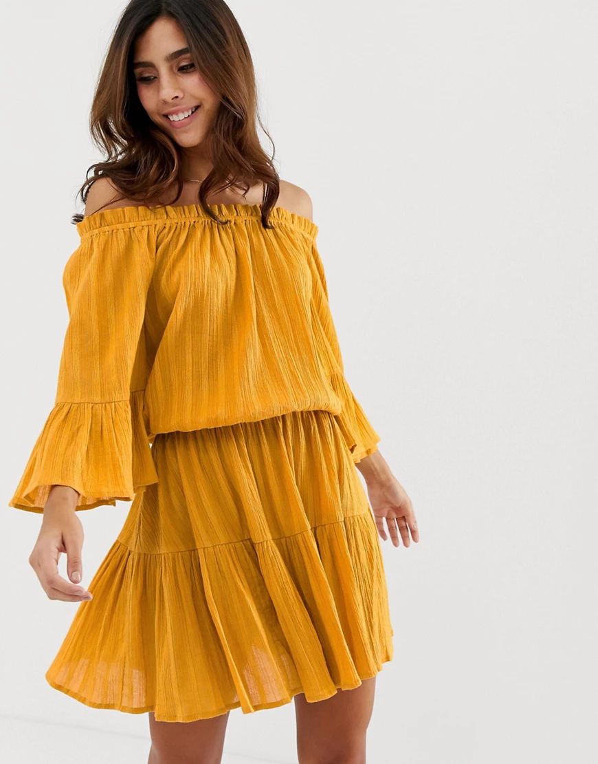 ASOS DESIGN off shoulder tiered mini sundress in mustard-Yellow | ASOS (Global)