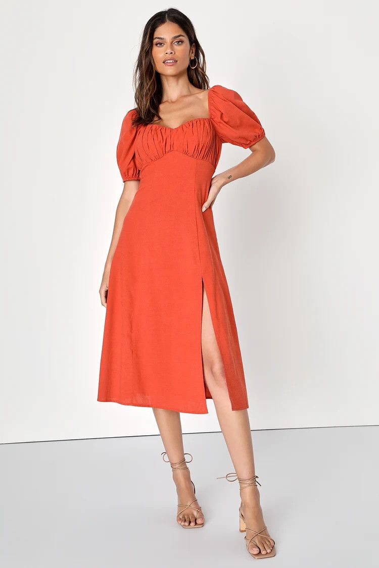 Endearing Darling Rust Orange Linen Puff Sleeve Midi Dress | Lulus (US)