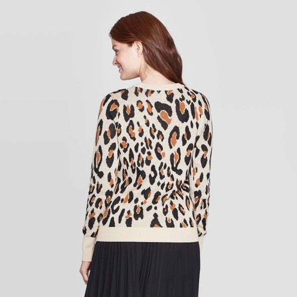 Women's Leopard Print Long Sleeve Rib-Knit Cuff Crewneck Pullover Sweater - A New Day™ Cream | Target