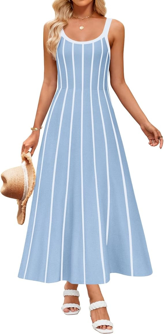 ZESICA Womens 2025 Summer Sleeveless Striped Midi Dresses Casual A Line Swing Knit Long Dress Bea... | Amazon (US)