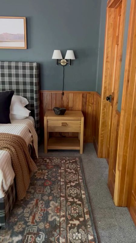 Love how this bedroom at my cabin turned out! Cozy cabin, bedroom, plaid bed, wood nightstand, blanket, area rug, bedroom furniture, nightstand, artwork, sconces

#LTKhome #LTKfamily #LTKVideo