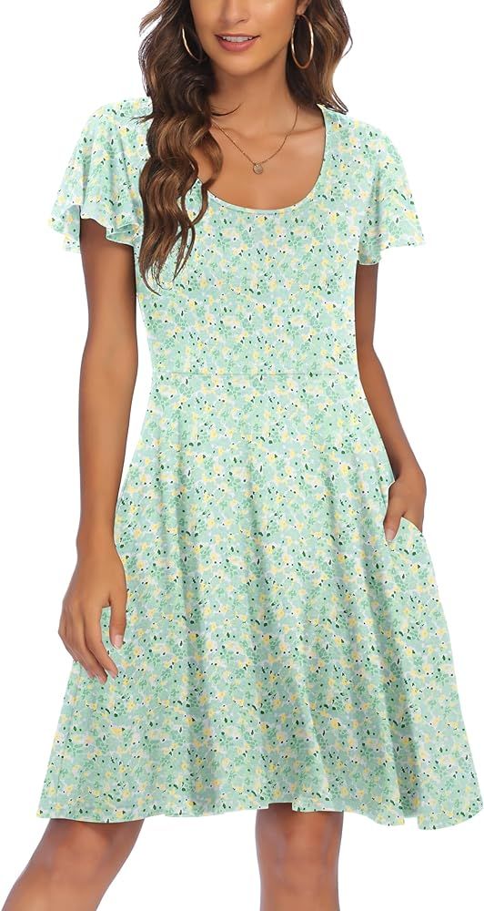 HOTOUCH Women's Casual Dress Floral Summer Dress Ruffle Sleeve Crewneck Flowy Swing Mini Dresses ... | Amazon (US)