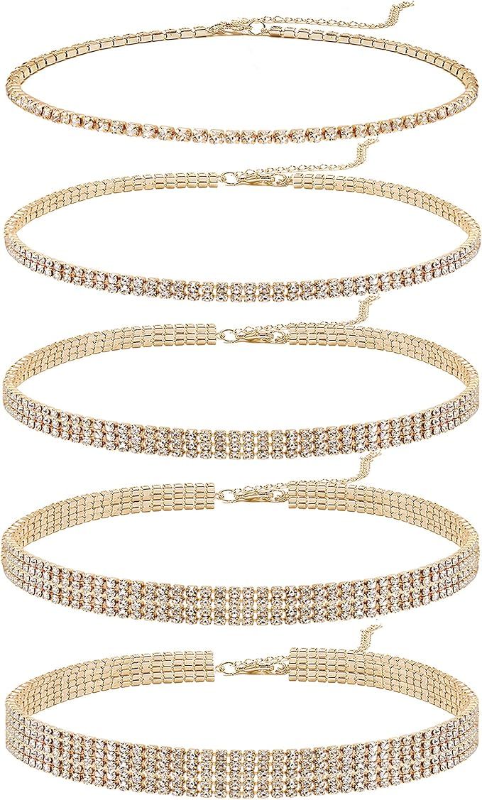 5 Pieces Rhinestone Choker Necklaces for Women Dainty Diamond Choker Silver Gold Plated Crystal C... | Amazon (US)