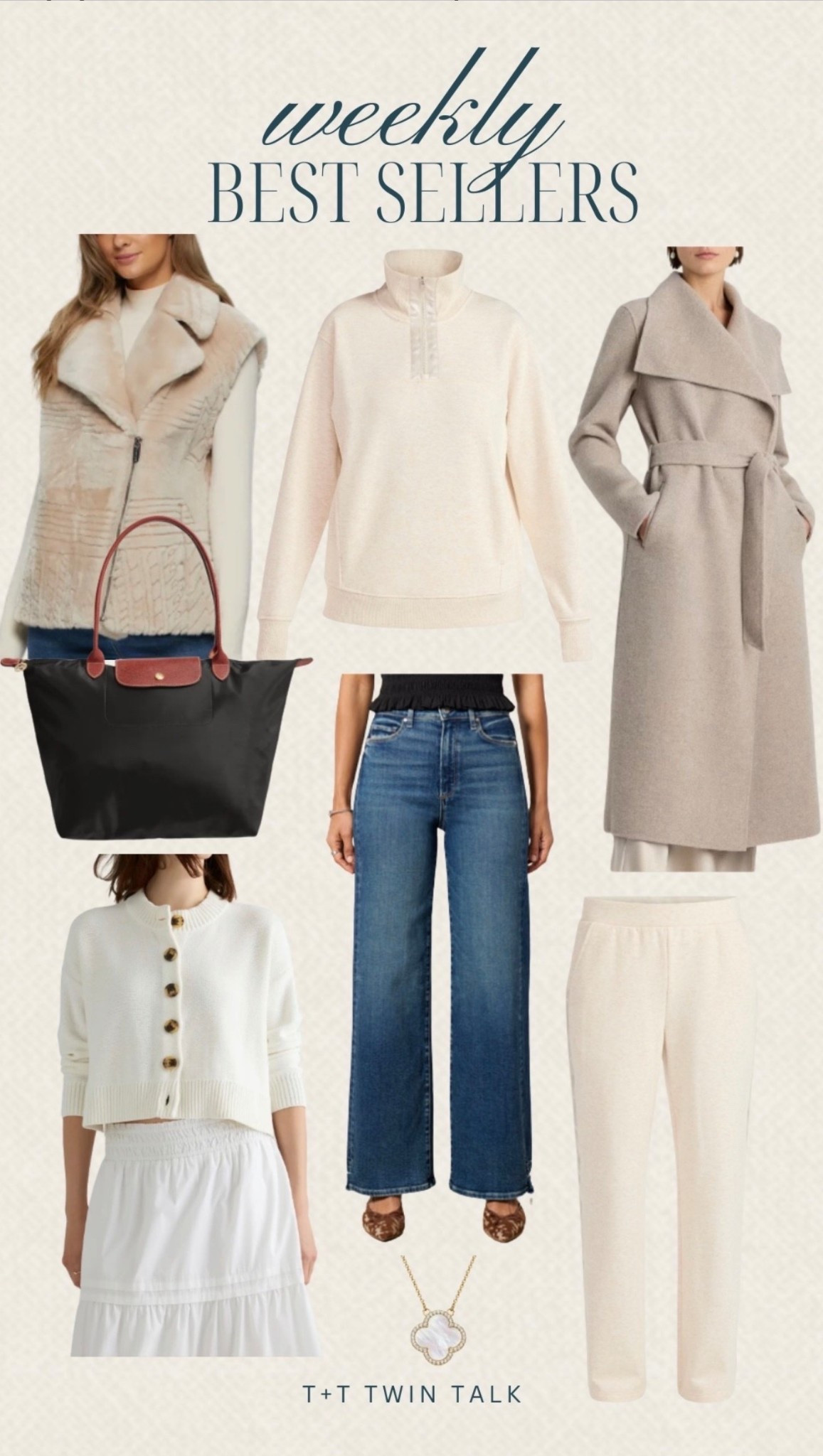Weekly best sellers are in! We are loving the longchamp bag, quince white cardigan, and matching set from Walmart! Plus, the clover necklace is back in stock so grab it before it’s gone! 

#LTKOver40 #LTKSeasonal #LTKMidsize