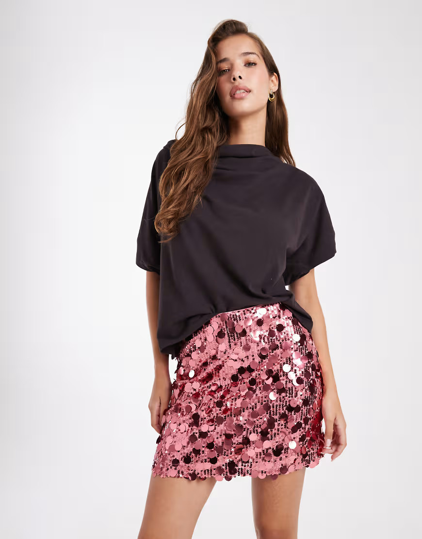 ASOS DESIGN mixed sequin mini skirt in pink | ASOS (Global)