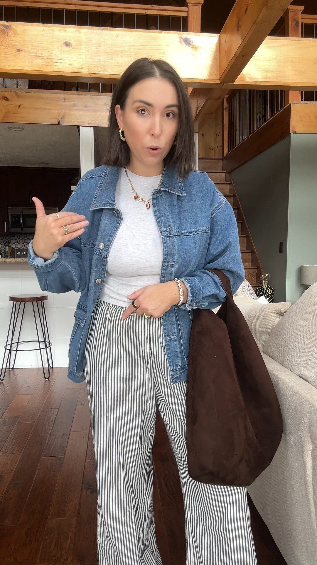 Comfy-cute, mom-approved errands outfit!

Tie-front waist, vertical striped linen pants, suuksess long sleeve top, union bay denim jacket, adidas gazelles, game day football charm necklace 

#LTKootd #LTKmomlife #LTKSpringSale