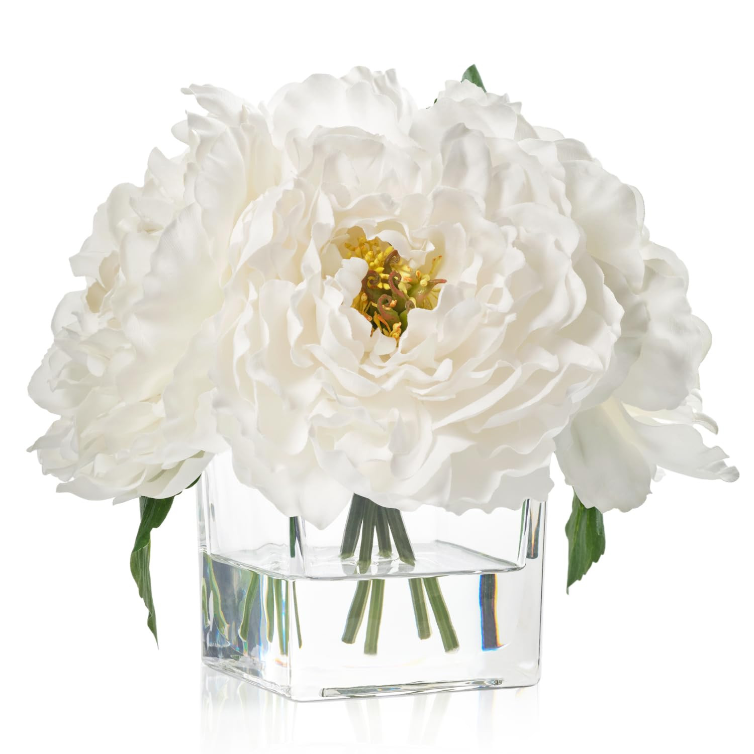 Artificial Peonies Flowers Arrangements in Cube Glass Vase, WELLKNOWN Ivory White Silk Flower Cen... | Amazon (US)
