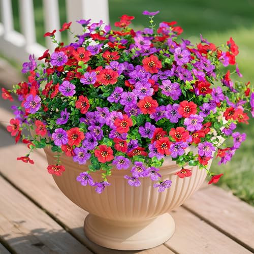 Ammyoo Artificial Fake Plants Flowers for Outdoor Spring Summer Decor, 12 Bundles Faux Silk Daisy for Planter Pot Colorful UV Resistant Look Real for Front Door Porch Patio Outside Yard(Purple Red) | Amazon (US)