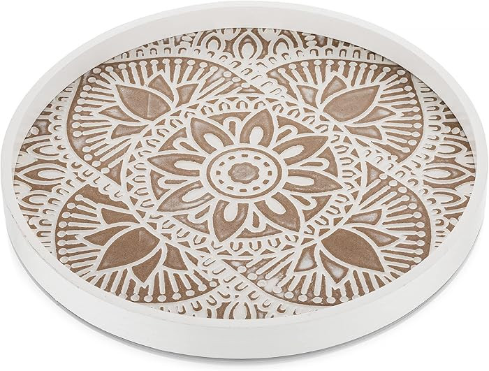 Hanobe Decorative Serving Tray Round: Farmhouse Coffee Table Decor Boho White Mandala Trays for L... | Amazon (US)