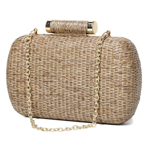 Straw Clutch Purse for Women, Hand-Woven Wicker Evening Handbag, Raffia Party Wedding Beach Bag for Summer(Grey) | Amazon (US)
