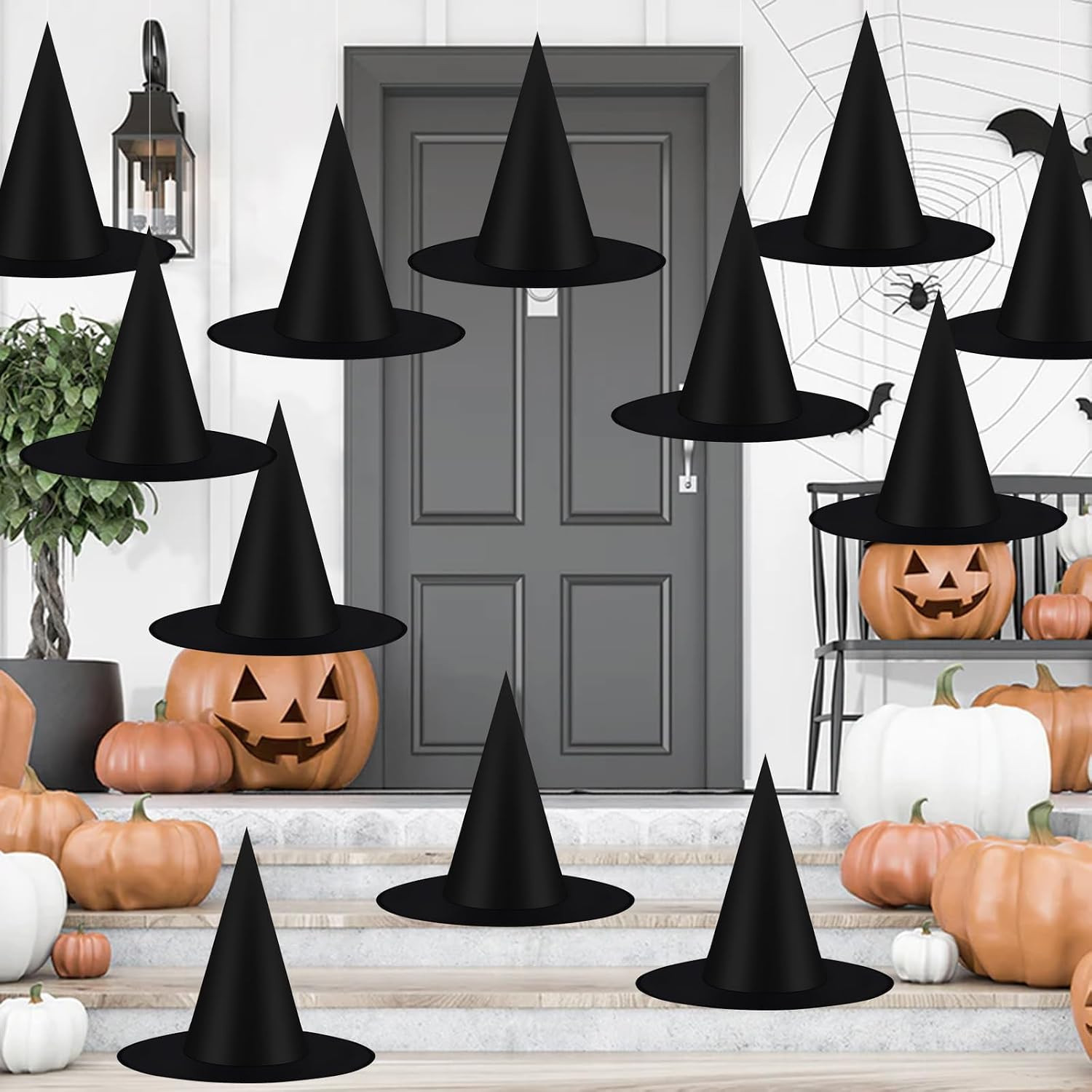 12pcs Halloween Black Witch Hats Costume Accessory Decorations, Thickened Hanging Wizard Hats Bulk for Women Kids with Hanging Rope, Floating Porch Indoor Outdoor Hocus Pocus Decor Party Supplies | Amazon (US)
