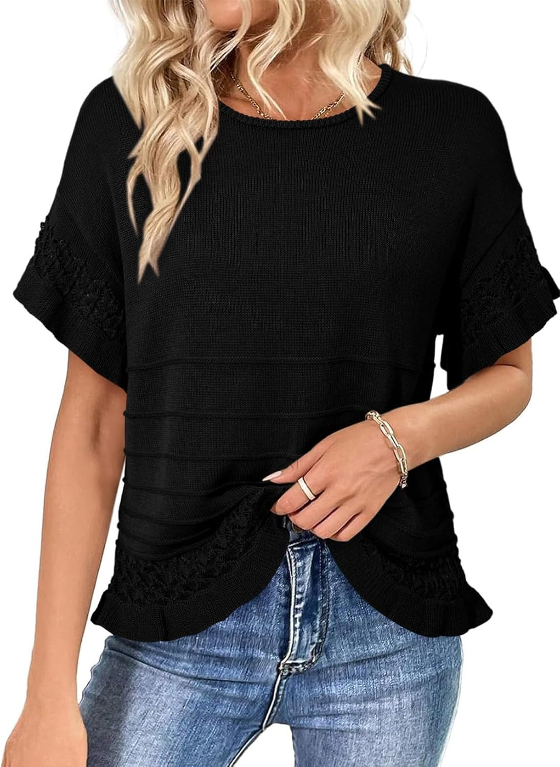 Dokotoo Women’s Short Sleeve Sweaters Tops Oversized Summer Casual Ruffled Hem Knit Pullover Cute Solid Color Crochet Blouses | Amazon (US)
