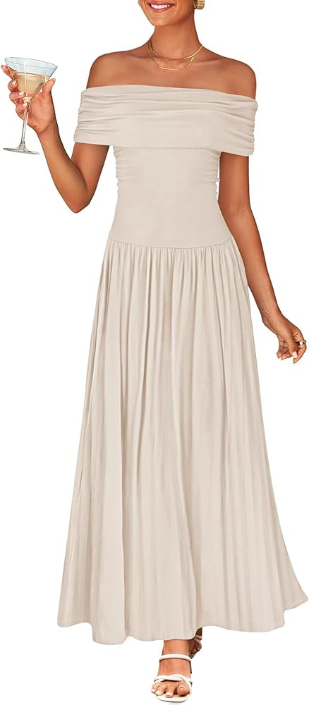 ZESICA Women's Off The Shoulder Maxi Dress 2025 Summer Sleeveless Casual Slim Swing Pleated Forma... | Amazon (US)