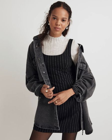 Adorable pinstripe mini dress jumper! Such a 90s vibe for a fall or winter date night outfit take this from day to night by changing your shoes and jacket. Madewell Black Friday sale 

#LTKfindsunder100 #LTKsalealert #LTKstyletip