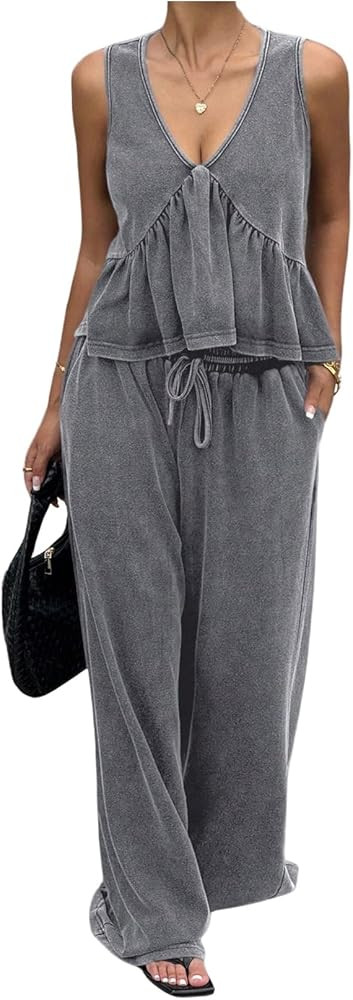 SOLY HUX Women's Pants Sets 2 Piece Outfits Sleeveless V Neck Crop Top and Pants Summer Matching ... | Amazon (US)