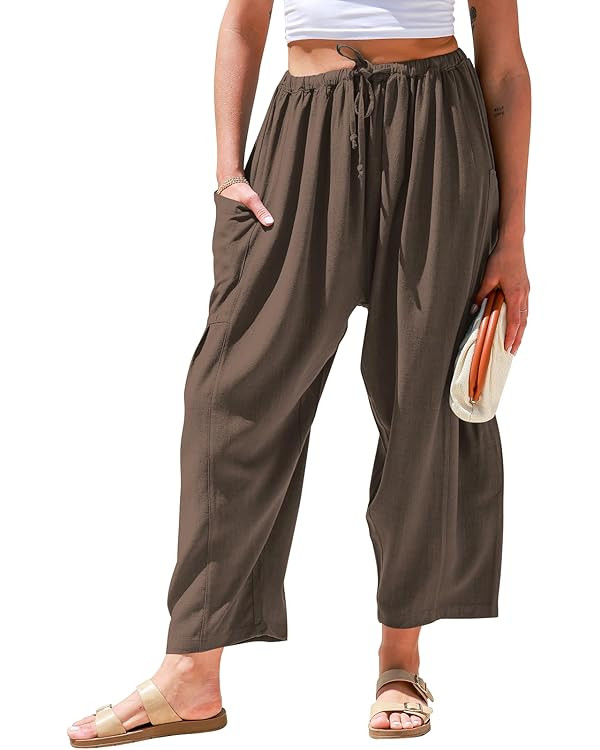 TARSE Womens Linen Wide Leg Pants Casual Loose Drawstring Summer Beach Travel Vacation Palazzo Ha... | Amazon (US)