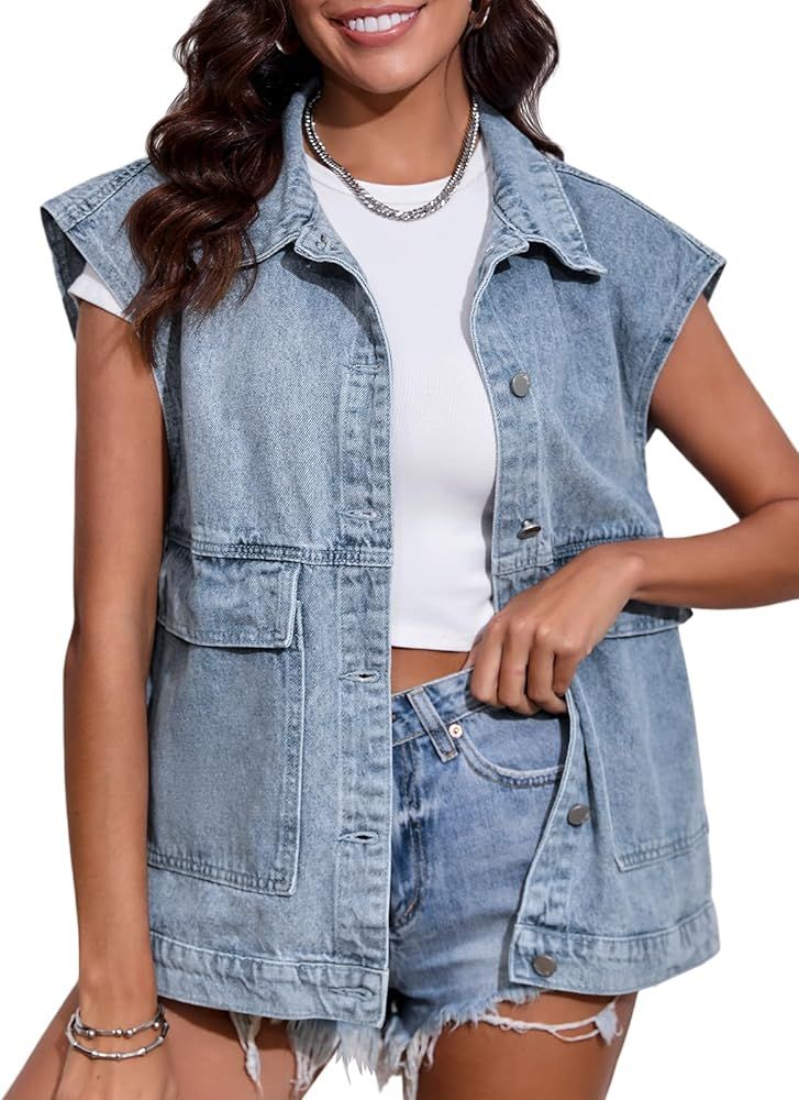 PLNOTME Women's Oversized Jean Vest Casual Denim Cap Sleeve Vest Trendy Sleeveless Jean Jacket | Amazon (US)
