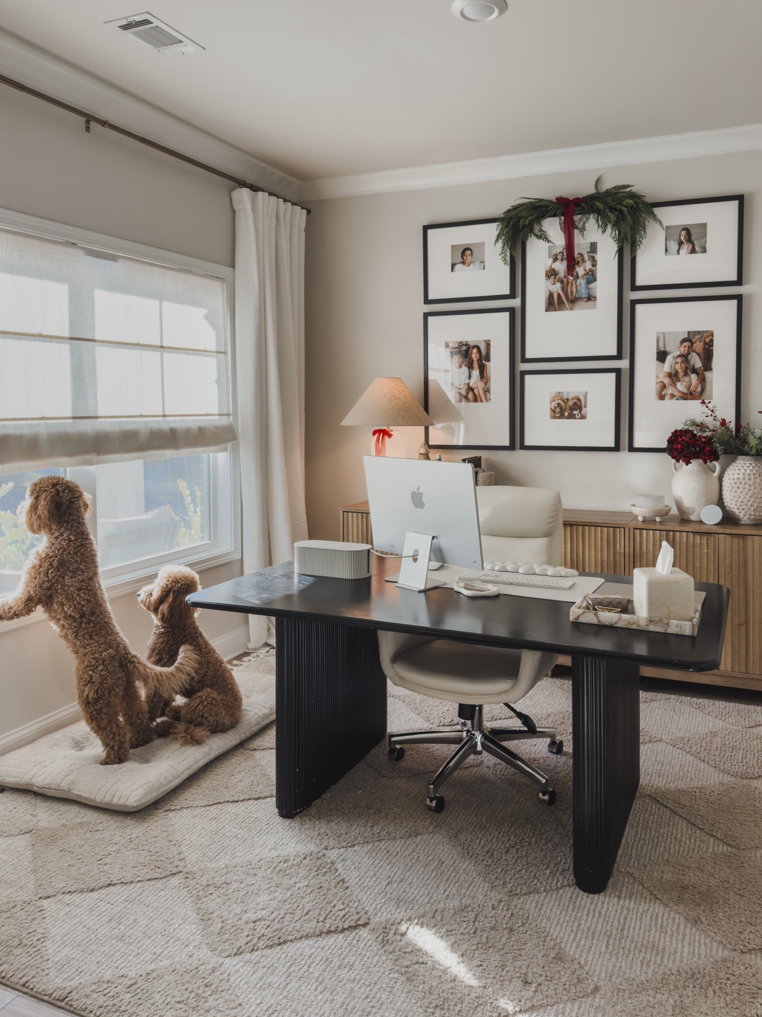 Holiday home office styled with pops of red, faux greenery and all of the affordable furniture finds. 

Since I work from home, I wanted this space to give all of the cozy vibes! 

Furniture finds, wayfair home, Amazon home, home inspo, home office, dining table, office chair, storage cabinets, holiday decor, shop the look! 

#LTKHome #LTKSaleAlert #LTKHoliday