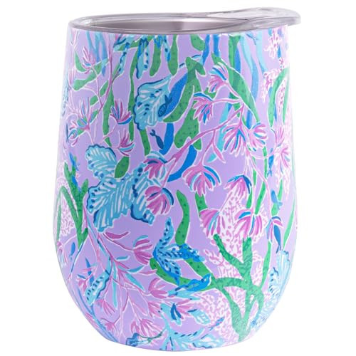 Lilly Pulitzer 12 Oz Insulated Tumbler with Lid, Yellow/Green Stainless Steel Travel Wine Glass, Double Wall Metal Cup (Secret Escape) | Amazon (US)
