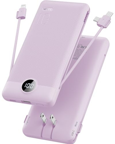 VRURC Portable Charger Built-in Cables and AC Wall Plug, USB C Power Bank 10000mAh, Travel Essentials Phone Charger Compact Lightweight External Battery Pack for Smart Phones, Tablets etc-Purple | Amazon (US)