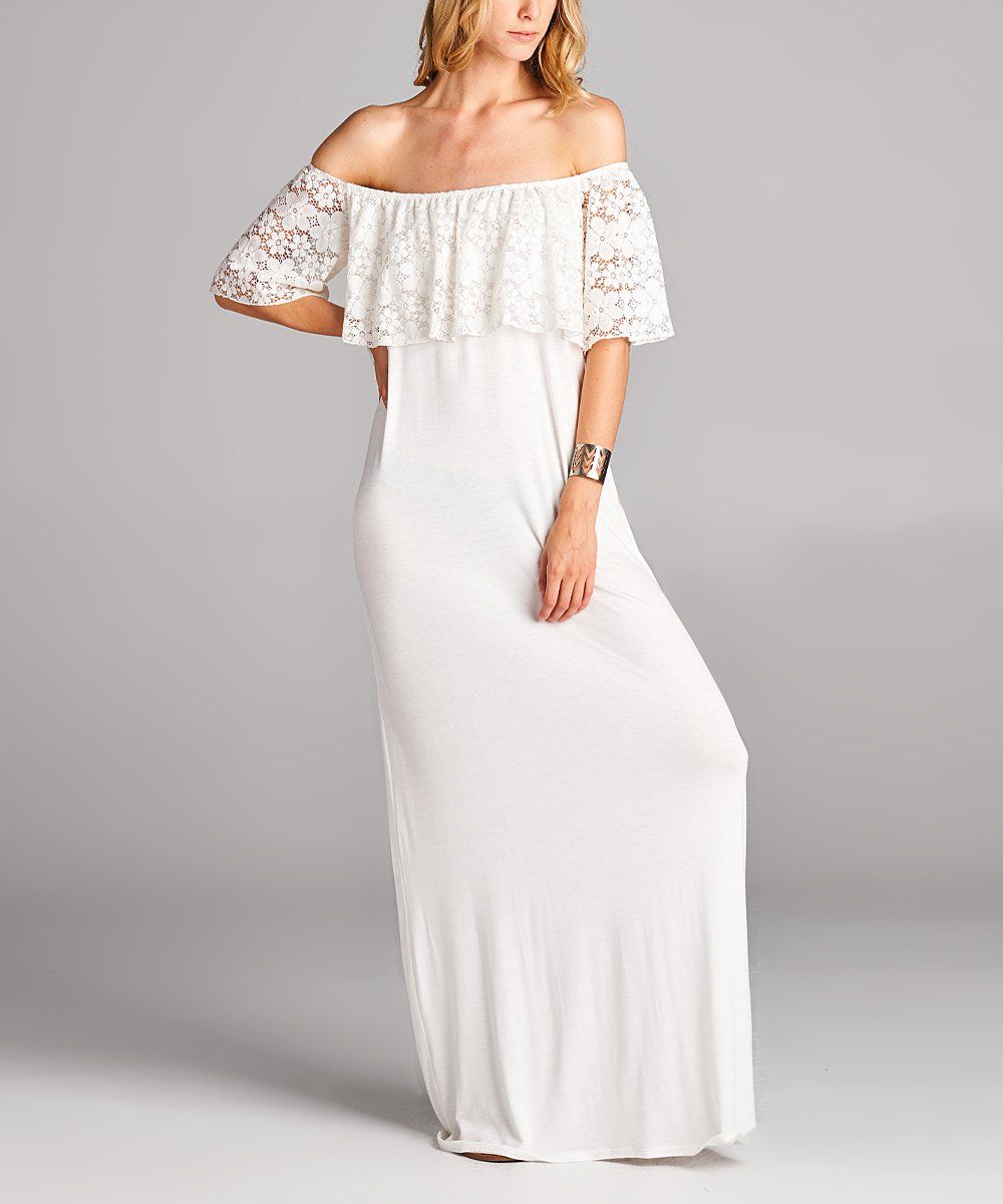 Love, Kuza Women's Maxi Dresses White - White Lace Off-Shoulder Maxi Dress | Zulily