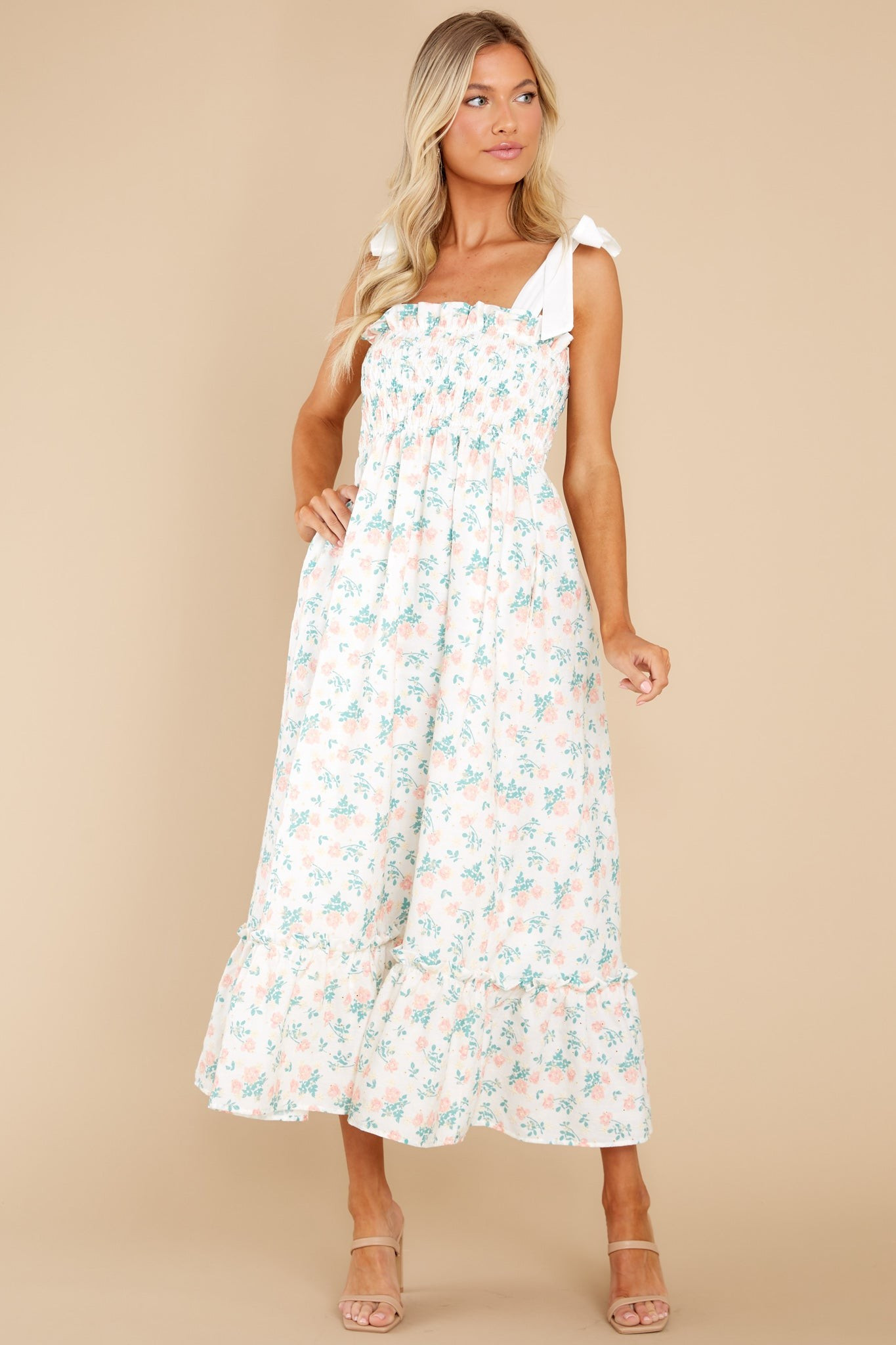 Camera Shy Peach Floral Print Cotton Midi Dress | Red Dress 