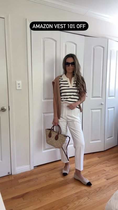 Striped vest is true to size
Straw bag is Mango and so pretty
Chanel inspired flats are comfy and true to size

Pants are Zara sz S search 9929/132

#LTKFindsUnder50 #LTKOver40 #LTKFindsUnder100