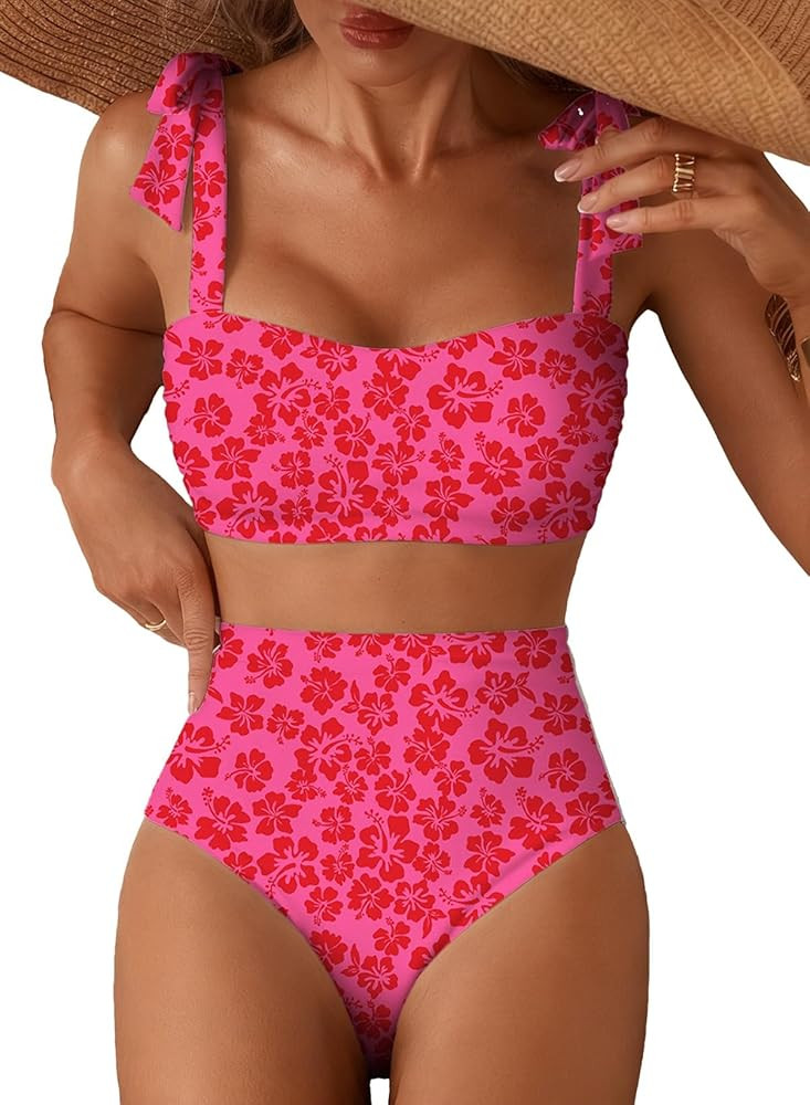 Herseas Women's Tie Shoulder Bikini Sets 2 Piece Striped Swimsuits High Waisted Bathing Suits | Amazon (US)