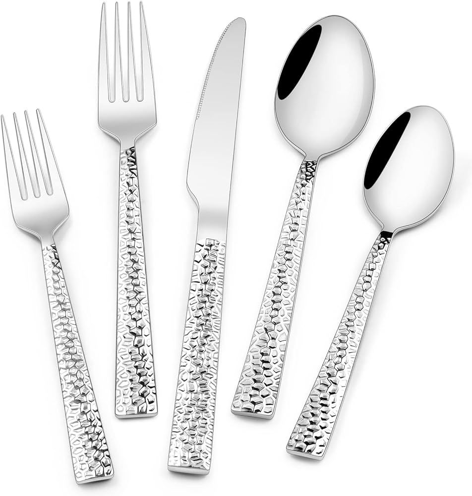 Hammered Silverware Set, 40-Piece Stainless Steel Square Flatware Set for 8, Food-Grade Tableware... | Amazon (US)