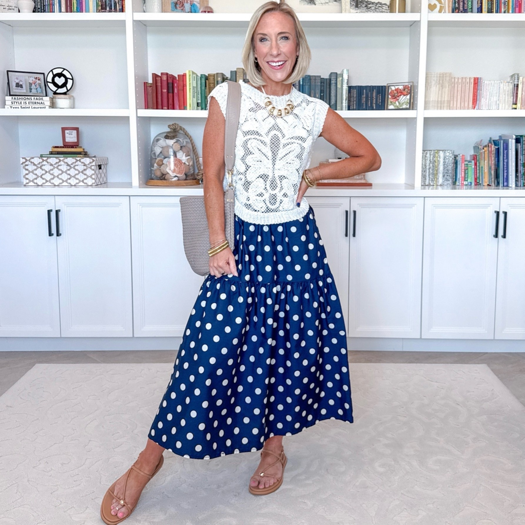 One polka skirt - styled 8 ways: • Midi skirt - size XS. Not lined but not see through. Elastic waistband and pockets! Crochet top - size Small.

#LTKootd #LTKSeasonal #LTKOver40