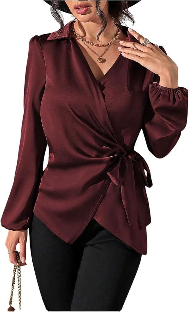 MakeMeChic Women's Satin V Neck Blouse Lantern Sleeve Wrap Tie Side Business Dressy Shirt Tops | Amazon (US)